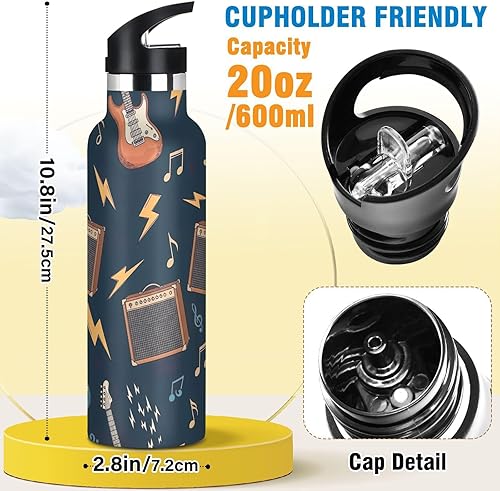 Miniatura 2 de Kids Water Bottle with Straw for School 20 Oz Water Bottle Insulated for Boys Girls, BPA-Free, Cute Guitars Dark Blue