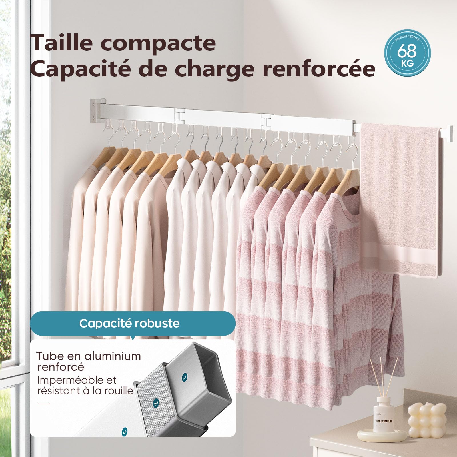 JAUREE Séchoir à Linge Murale, Séchoir à Linge Escamotable et Pliable, Séchoir à Vêtements Mural Économiseur d'Espace, Séchoir Rétractable Tripliable pour Intérieur/Extérieur avec 18 Crochets, Blanc