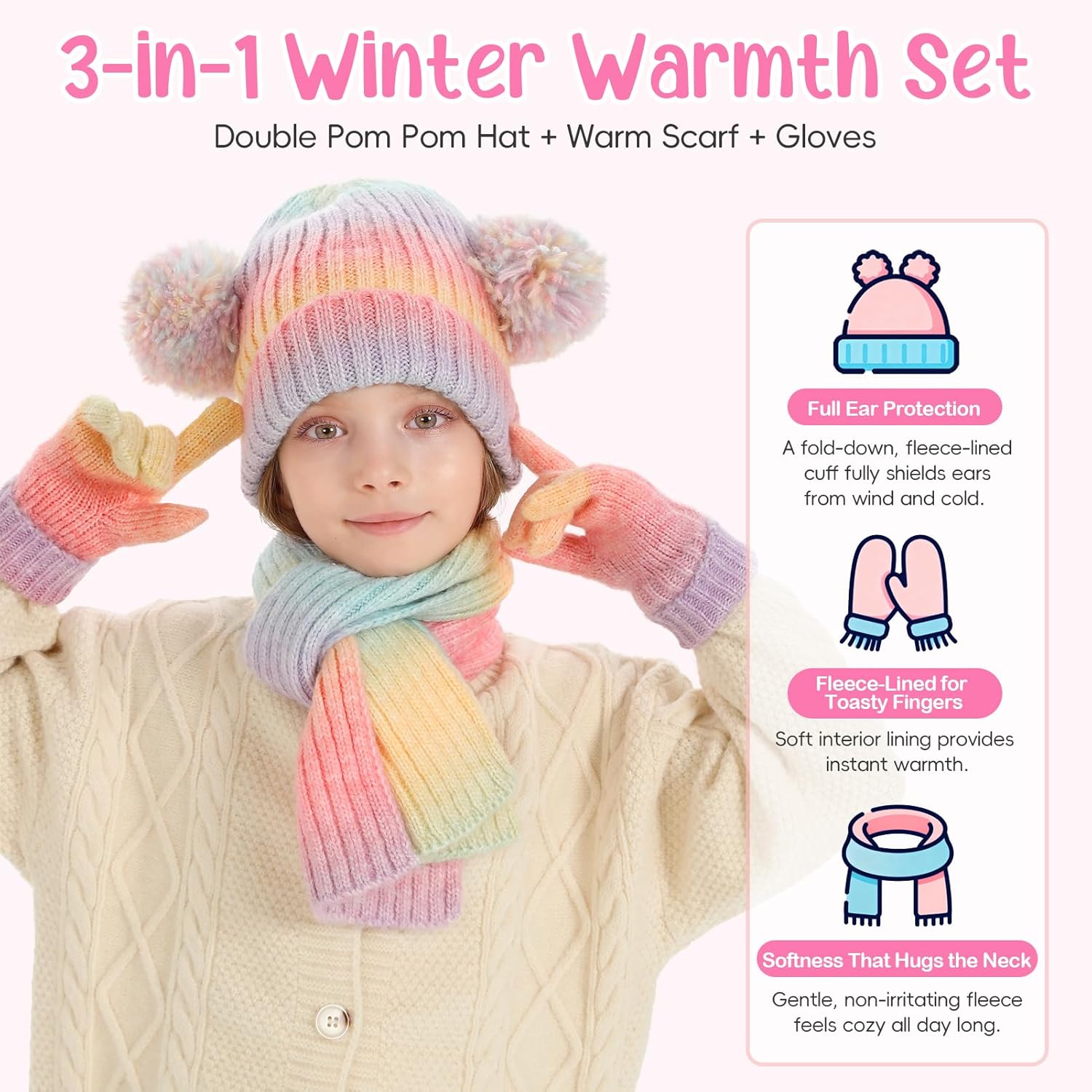 Kids Winter Hat Gloves Scarf Set, Double Pom Beanie Warmer Mittens Fleece Lined 3-Piece Set for Boys Girls - Image 4