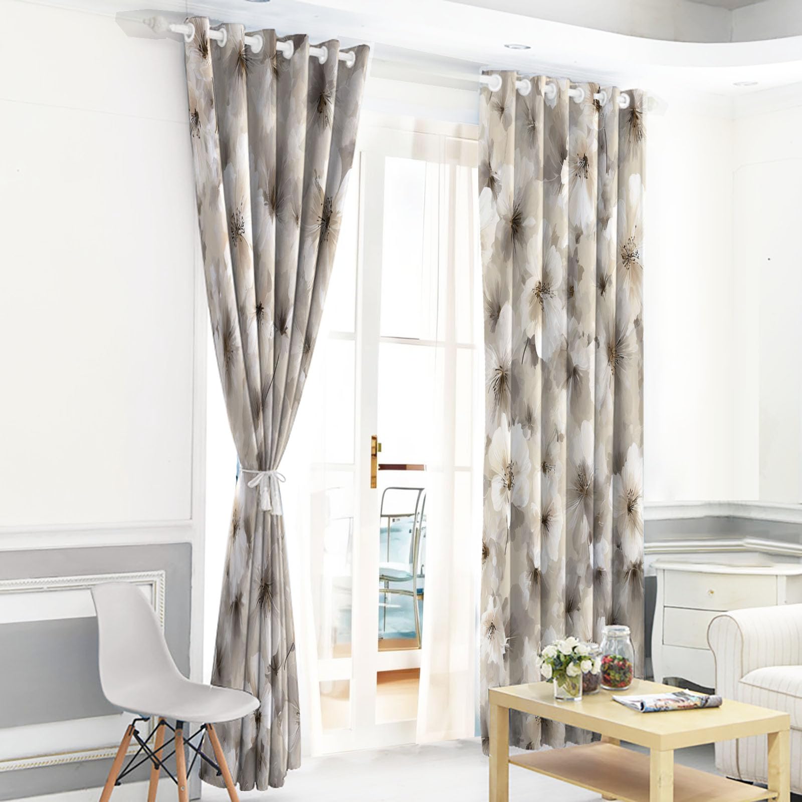 Cortinas Opacas con Estampado Dormitorio, 140×160 CM, con Estampado de Flores Abstractas CaíDas con Ojales, Aislamiento TéRmico Crema, ReduccióN De Ruido, Juego De 2