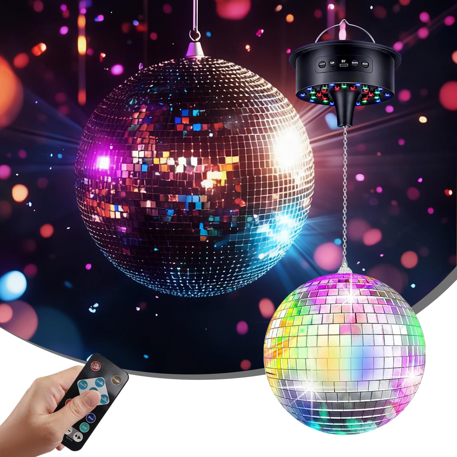 Discokugel mit Motor 20cm 6 Farbmodi 30 LED 10 U/min für Disco Party Lichteffekte
