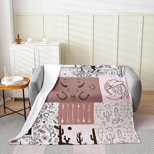 Manta de franela de calavera de vaca y vaquera, estilo vintage, con botas rosas acuarelas, sombreros, plumas, para niños y niñas, estilo vintage,