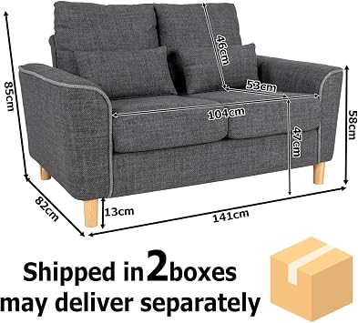 2 Seater Sofa in Dark Grey Fabric with 2 Lumbar Cushions