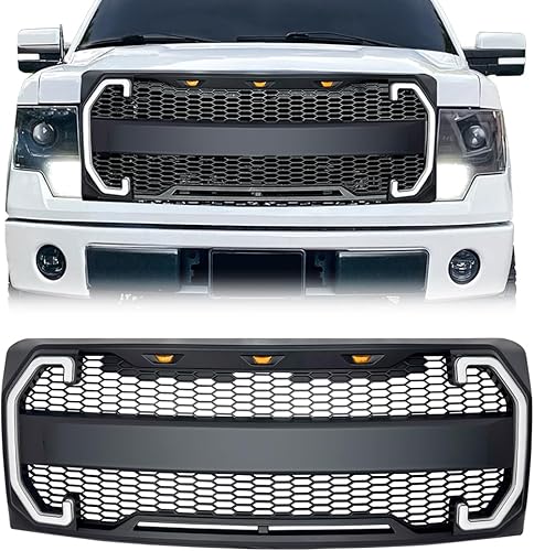 EOMD Parrilla frontal compatible con F150 2009-2014 con luces DRL y direccionales color negro mate
