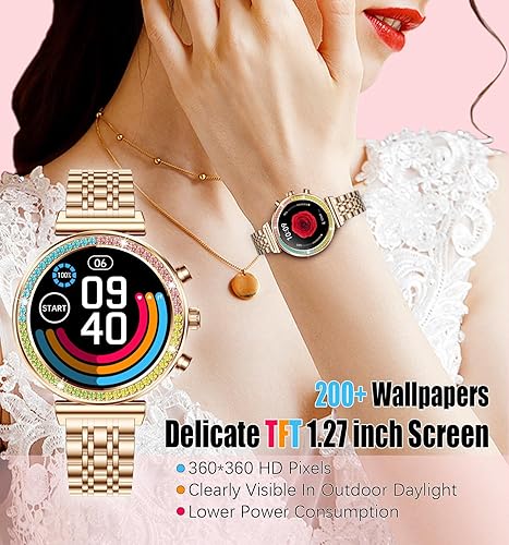 Vista 2 de Reloj inteligente para mujer, pantalla HD de 1.27 pulgadas, Bluetooth llamadas, rastreador de actividad física, reloj inteligente deportivo para Oro