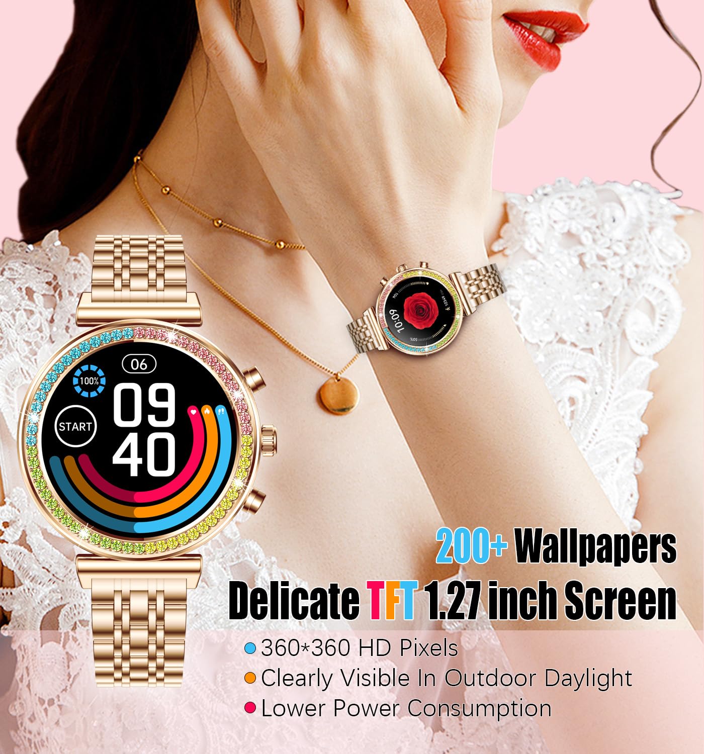 Reloj inteligente de fitness para mujer, pantalla HD de 1.25 pulgadas, llamadas Bluetooth, reloj inteligente deportivo impermeable para mujer, monitor de frecuencia cardíaca, podómetro,