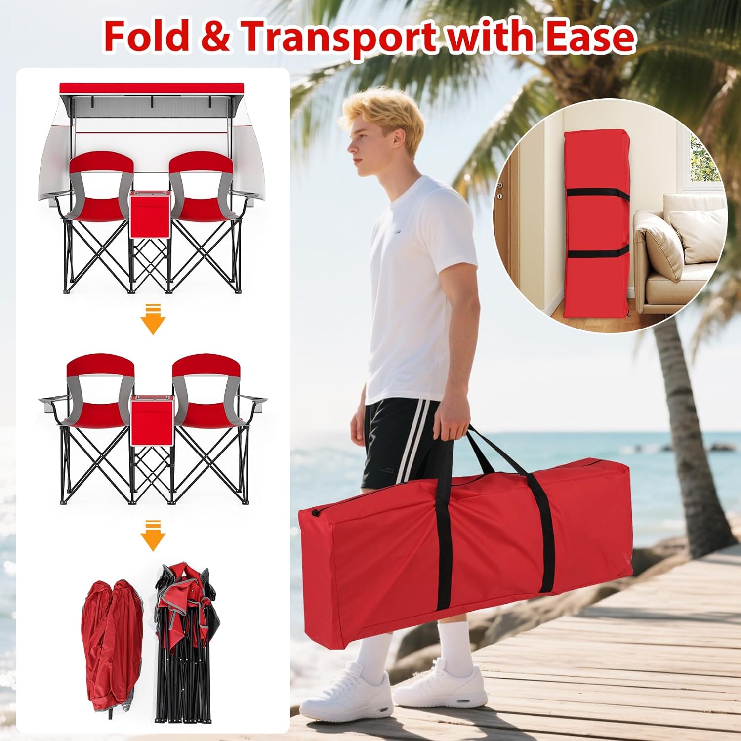 Goplus Double Beach Chair w/Adjustable Canopy, Oversized Folding Camping Chair w/Roll-up Shade, Cooler Bag, Cup Holders, Carrying Bag, 2-Person Portable Loveseat for Sports Fishing (Red)
