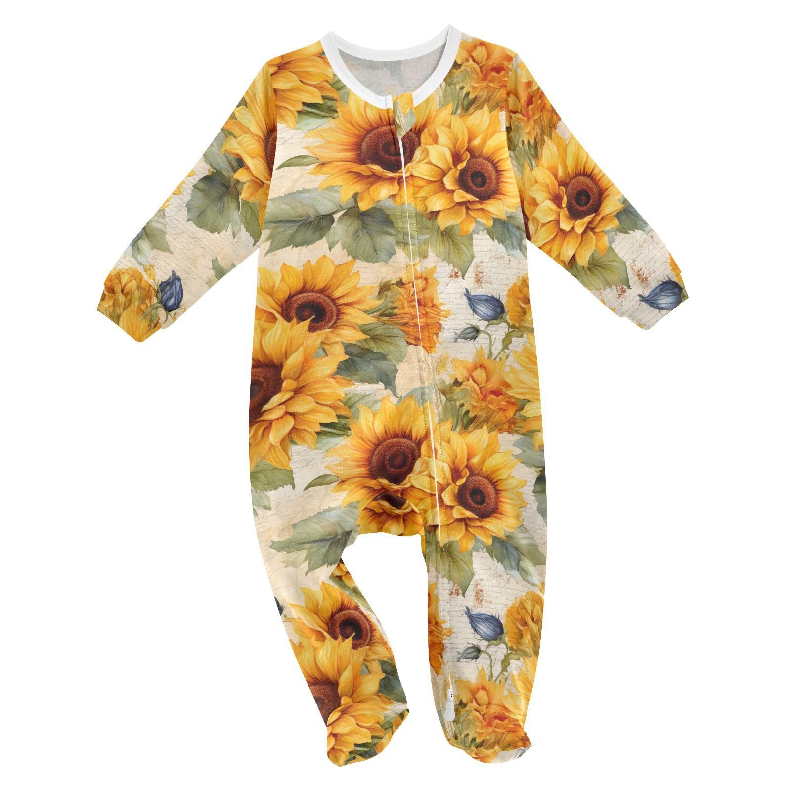 J JOYSAY Vintage Yellow Sunflowers Leaves Baby One-Piece Footies Cotton Baby Clothes Infant Footed Pjs for Girls Kids 9M