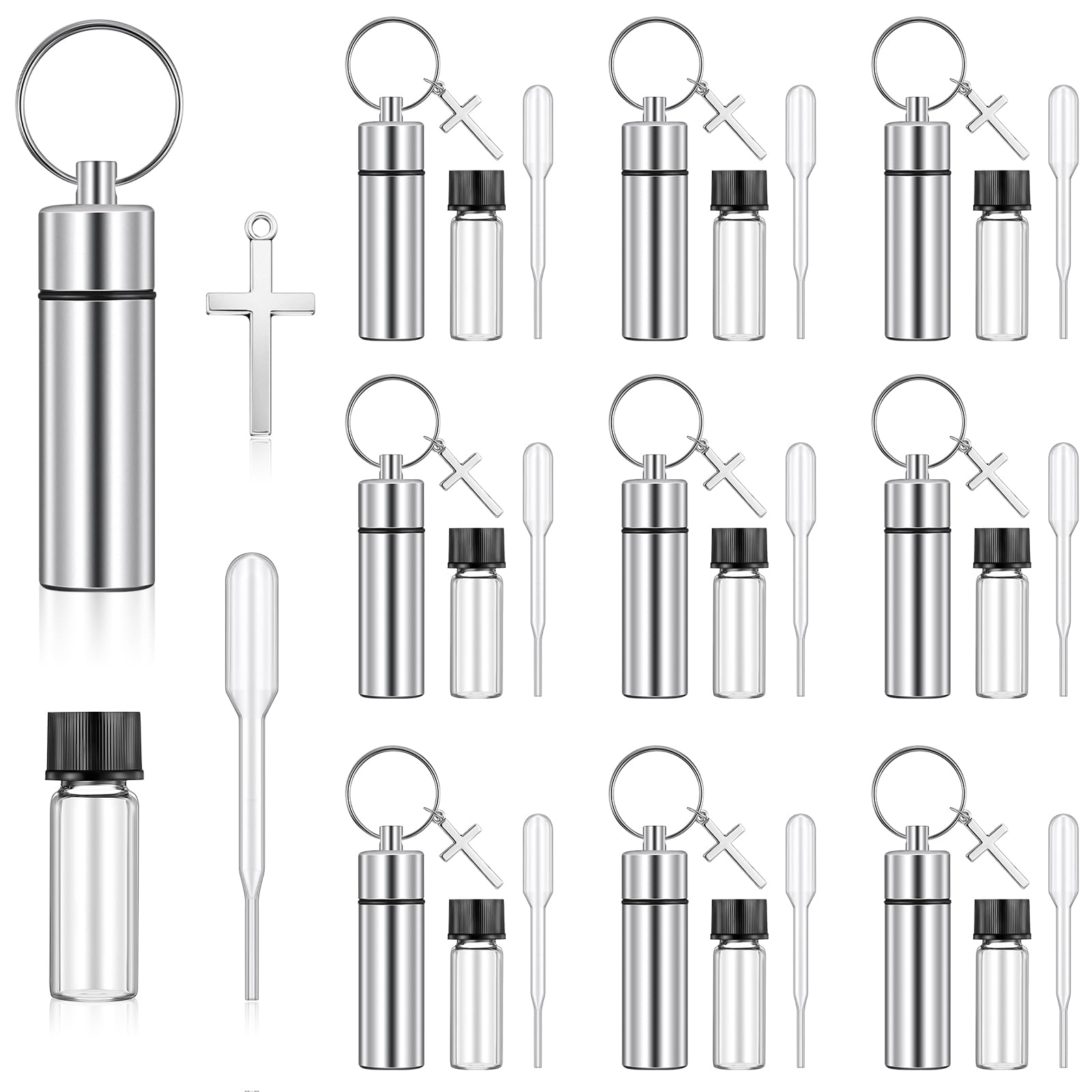 Tandefio 10 Sets Anointing Oil Bottles Keychain Vial Holy Water Container with Dropper Cross Pendant for Travel Baptism Favor (Silver)