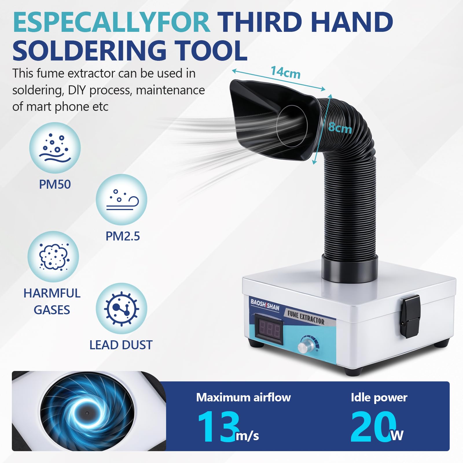BAOSHISHAN Extractor de Humos Soldadura Absorbedor de Humo Soldadura de Escritorio Eliminador de Ventosa de Humo con filtros de 3 etapas para Trabajos de Soldadura