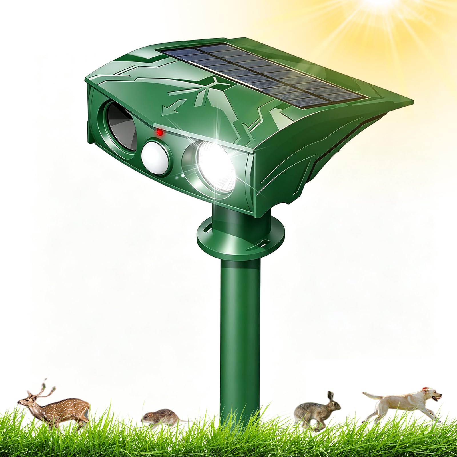 Ultrasonic Cat Repellent, Cat Deterrents Solar Mole Repellent 2 Modes, Ultrasonic Animal Repeller with PIR Motion Sensor & Flashing Light for Farm Garden Dogs Cats Birds Squirrels Deterrent