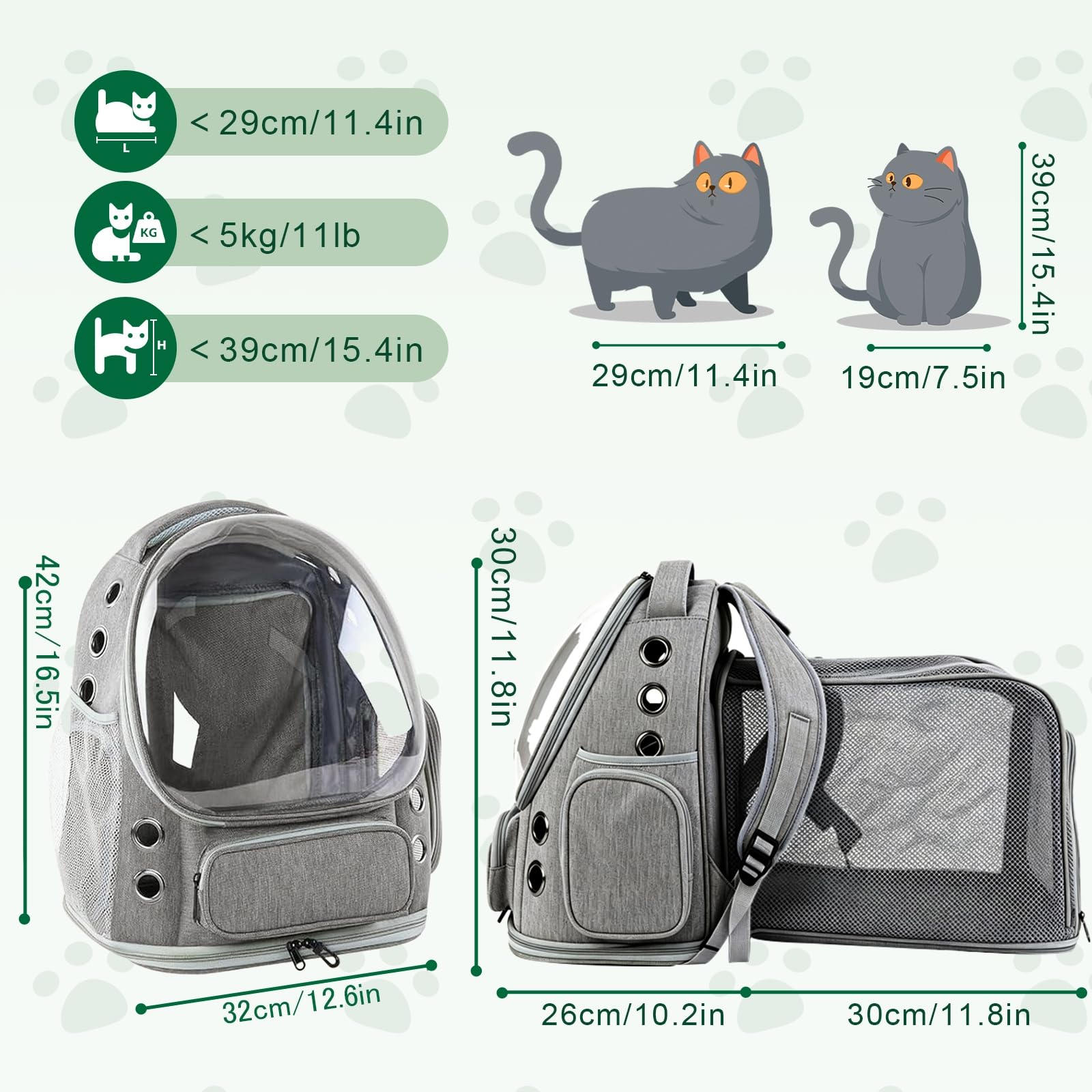 Zaino espandibile per gatti con finestra, adatto per gatti da 3 a 5 kg, con guinzaglio di sicurezza interno e tappetino per animali domestici, per auto, escursioni, grigio, 42 x 32 x 24-57 cm