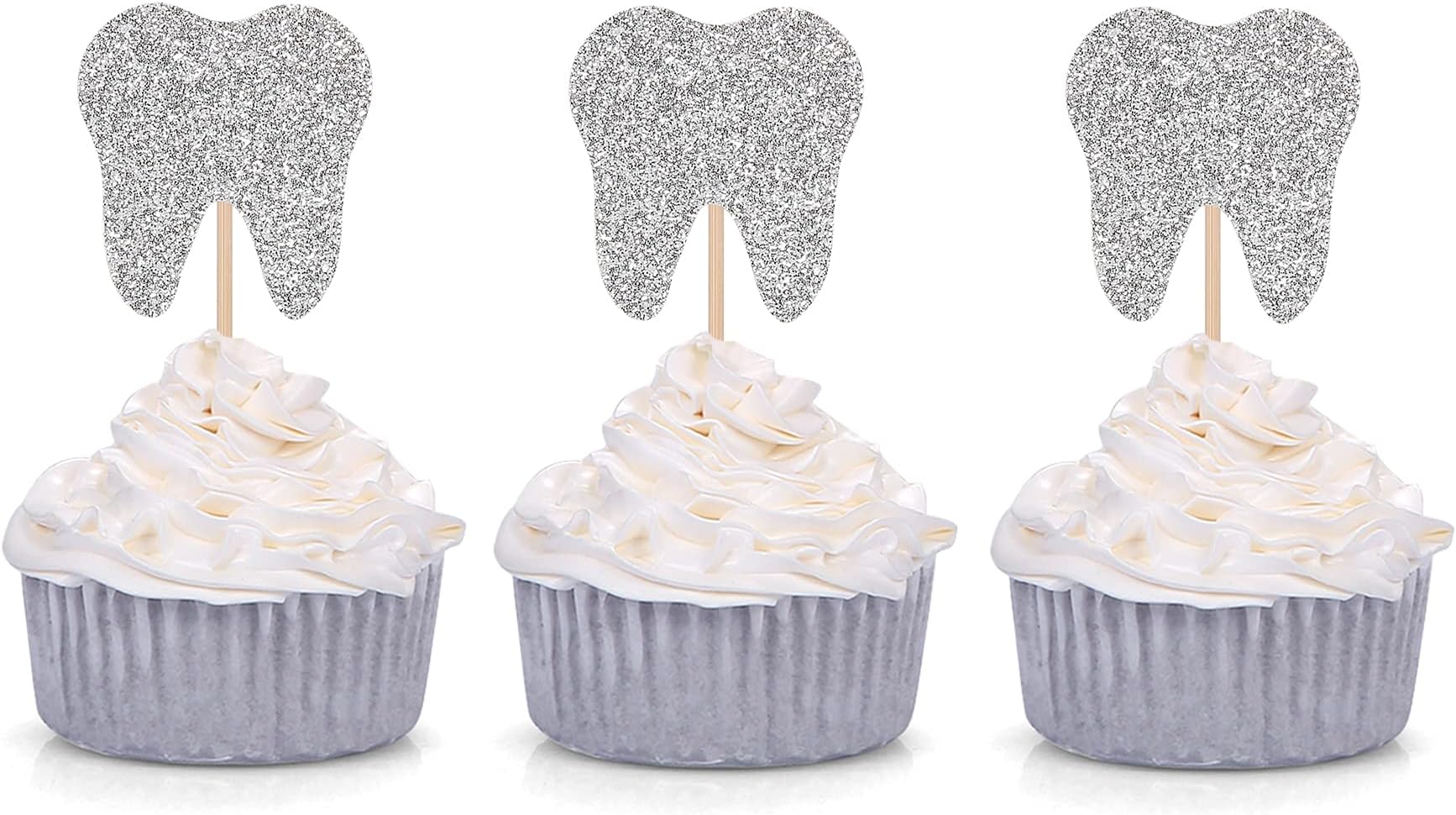 Glittery Tooth Cupcake Toppers Kids Birthday Party Baby Shower Dessert Decorations - Set of 24