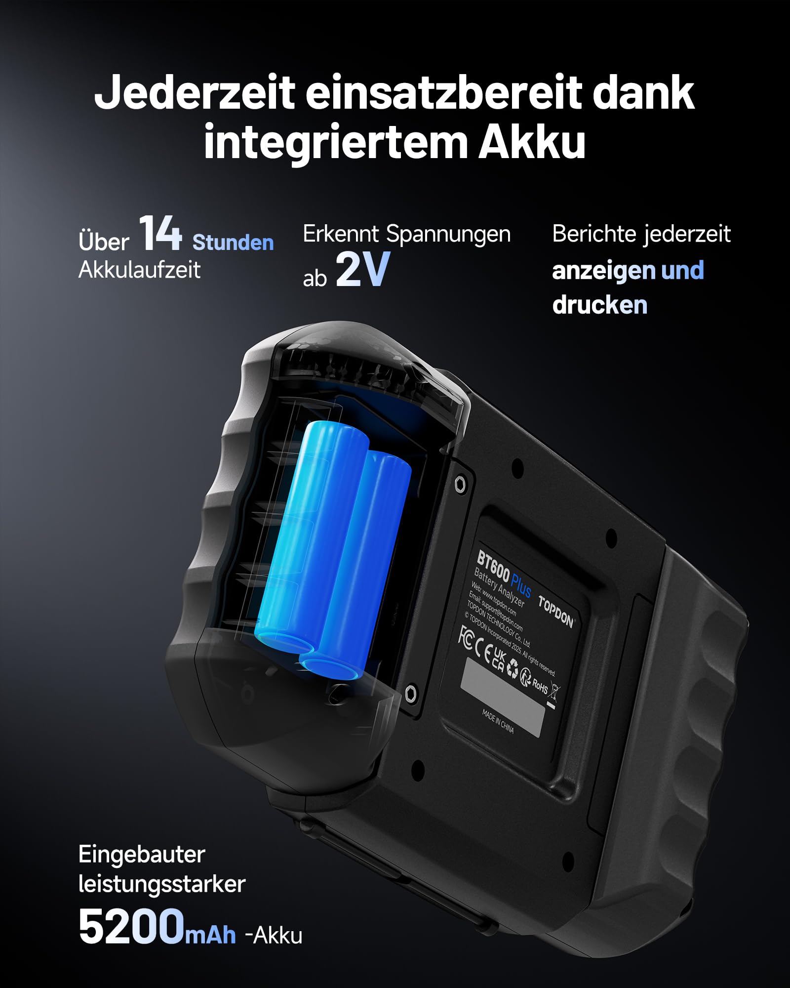 TOPDON Batterietester KFZ BT600 Plus, 6 V/12 V/24 V Batterietests, 100–2000 CCA, 12 V/24 V Starttest/Ladetest/Systemtest, Autobatterie Tester mit eingebauter Batterie und Drucker, 2 gepaarte Klemmen