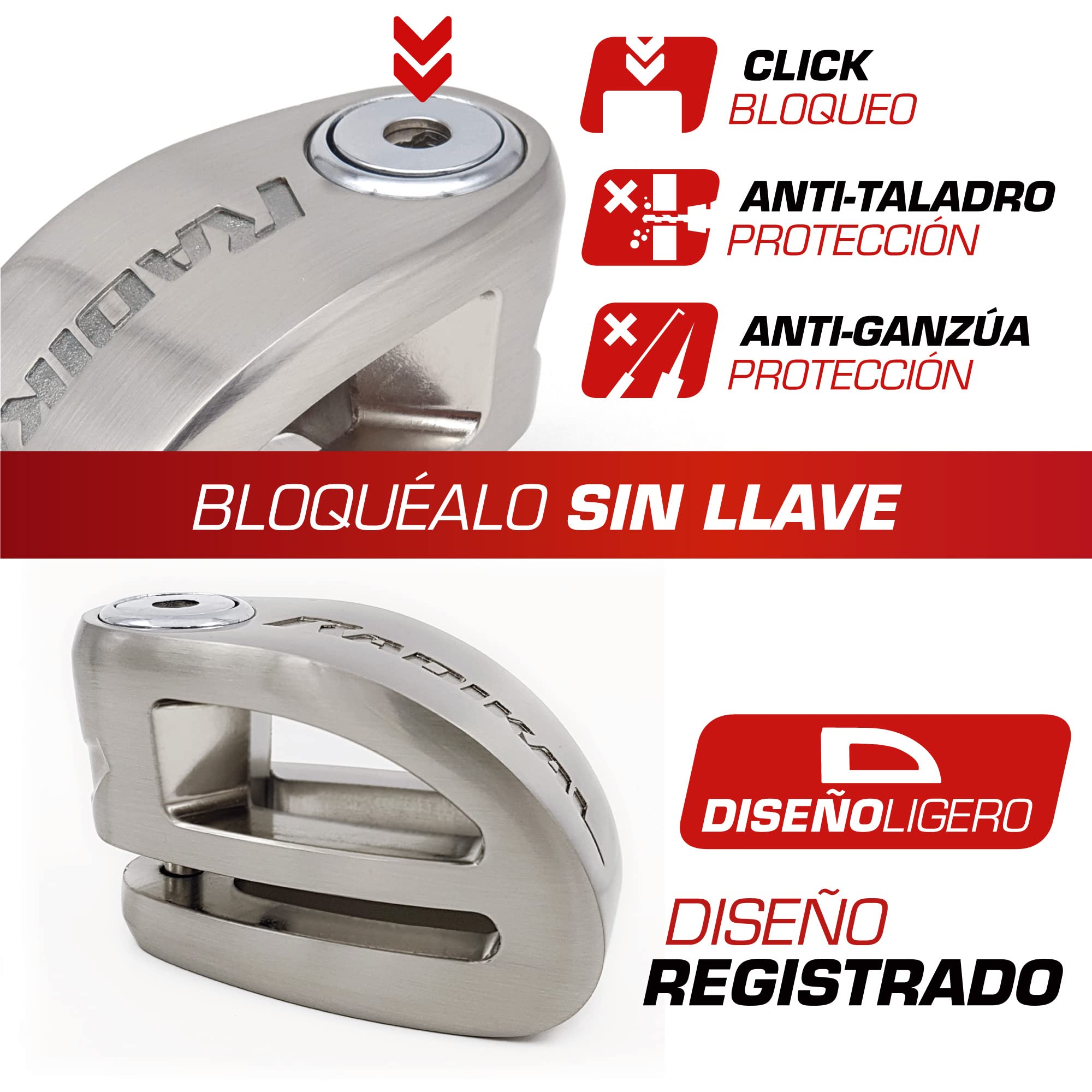 Radikal RK306S Candado Moto Disco, Diseño Más Ligero de Doble Puente, Fácil Bloqueo Click, Cerradura Anti-Ganzúa y Anti-Taladro, Antirrobo Bloqueo Pinza Freno Universal Bicicleta, Patinete Electrico