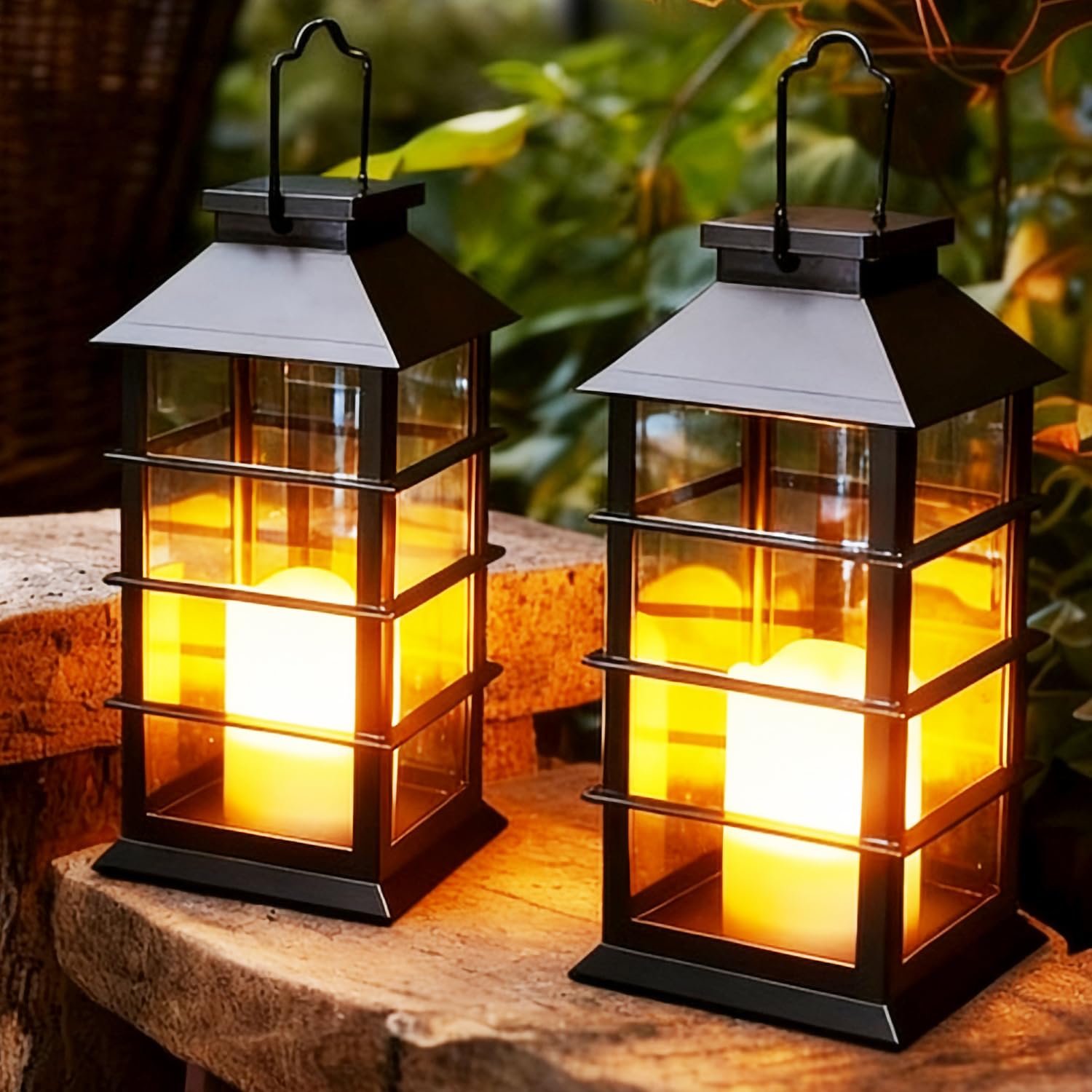 Lanterne Solaire Exterieur Jardin 2 Pièces Lanterne Exterieur Solaire avec Effet Bougie Vacillante, IP44 Étanche Lanternes D'extérieur Lampe Solaire pour Jardin Patio Balcon Camping