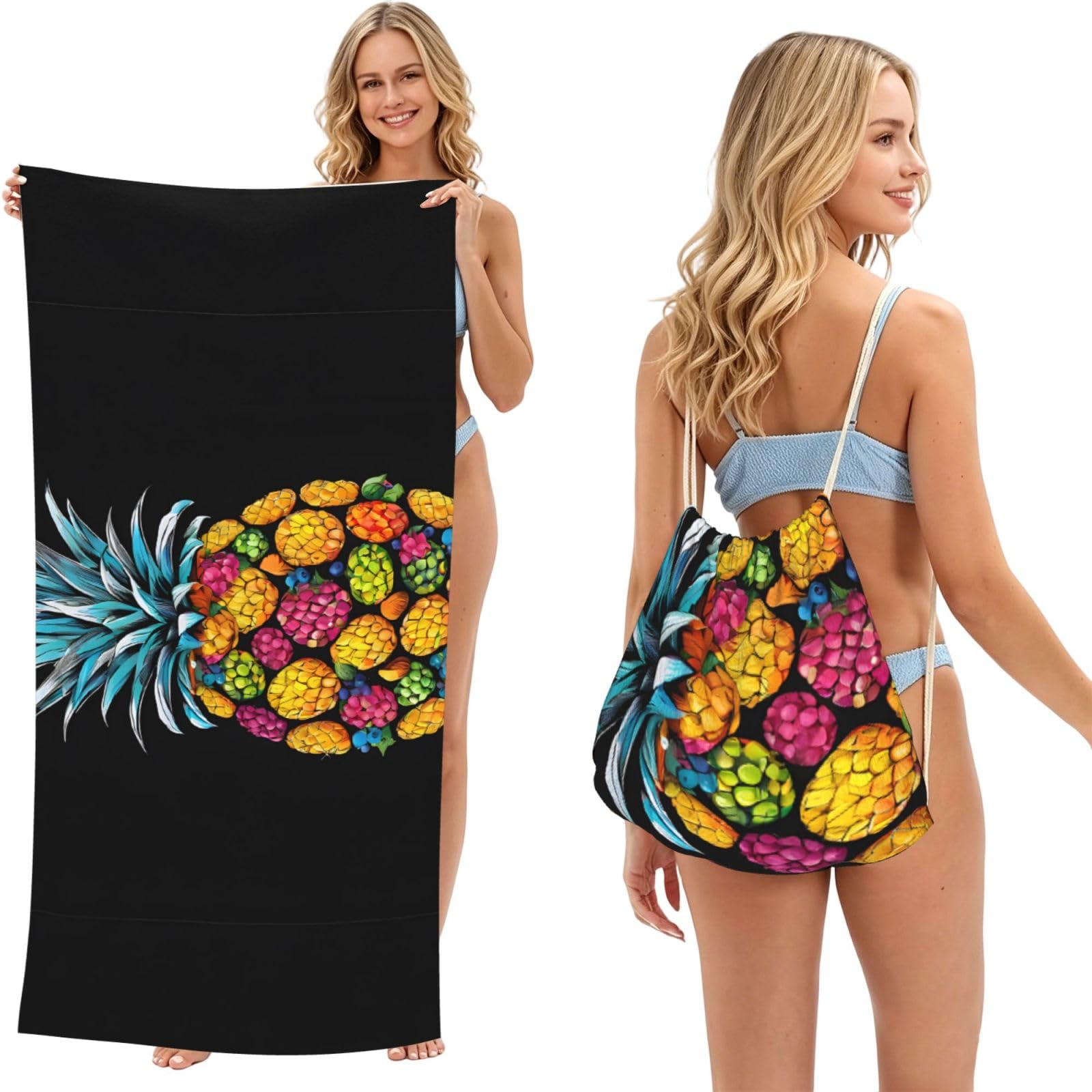 ESNAIUVCD Colorful Pineapple Print Beach Towel For Adults,Towel With Drawstring Bag, Travel Pool Swimming Sports Shower Sand Free Quick Dry Bath Towel For Pool, Beach, Yoga- 180x60cm