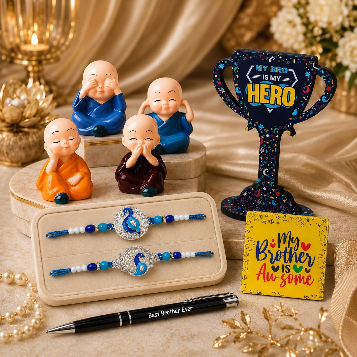 Dreamica DesignerSet of 2 Rakhi, Monk Buddha Showpiece Set, Fridge Magnet, Trophy Showpice, Best Brother Ever Pen, Greeting Card and Tilak Set | Best Rakhi Gift for Brother