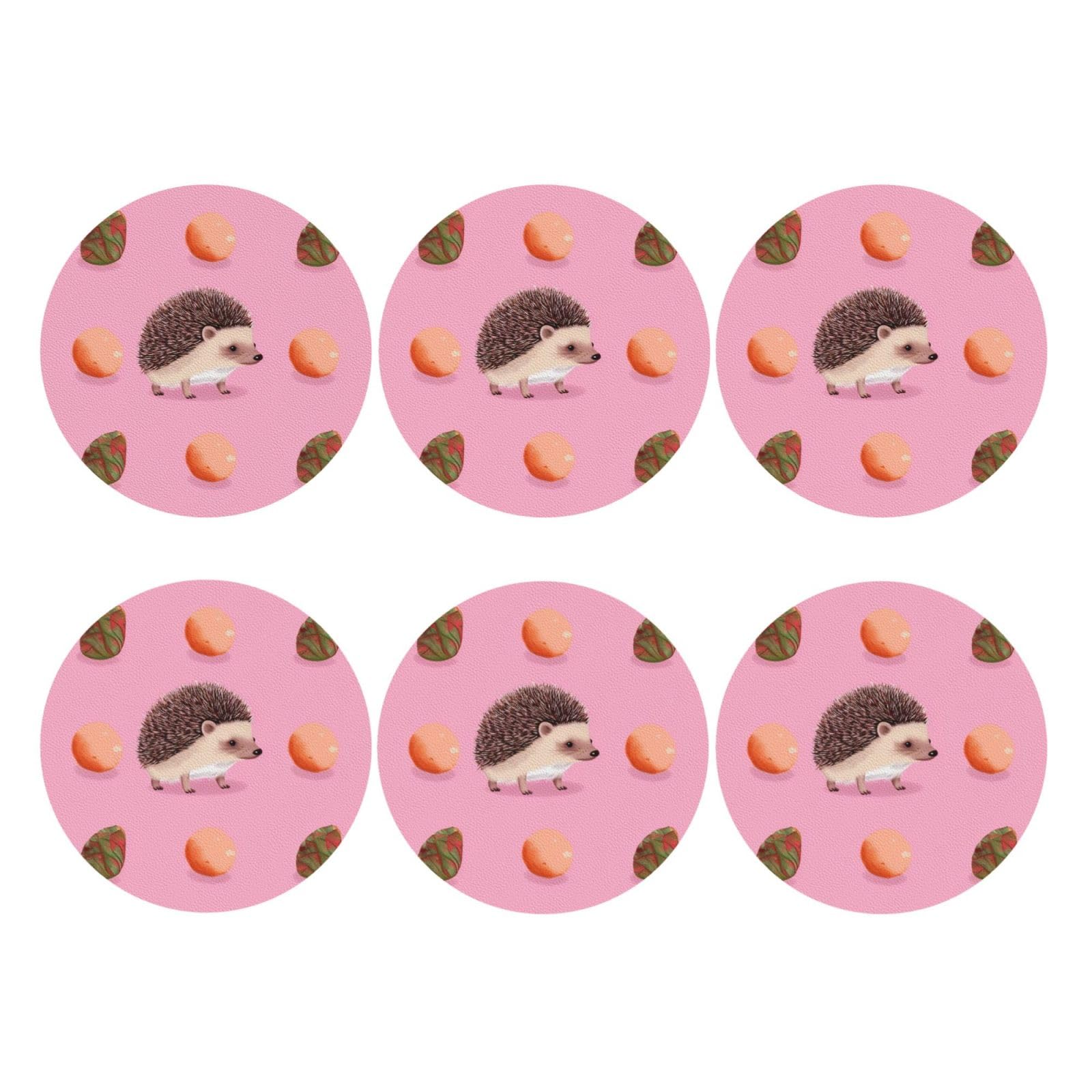 6pcs Leather Coasters for Drinks, Little Hedgehog Drink Coasters for Tabletop Protection, 4" Cup Coasters for Coffee Table Decor, Non-Slip Drinking Cup Mat for Hot Or Cold Drink