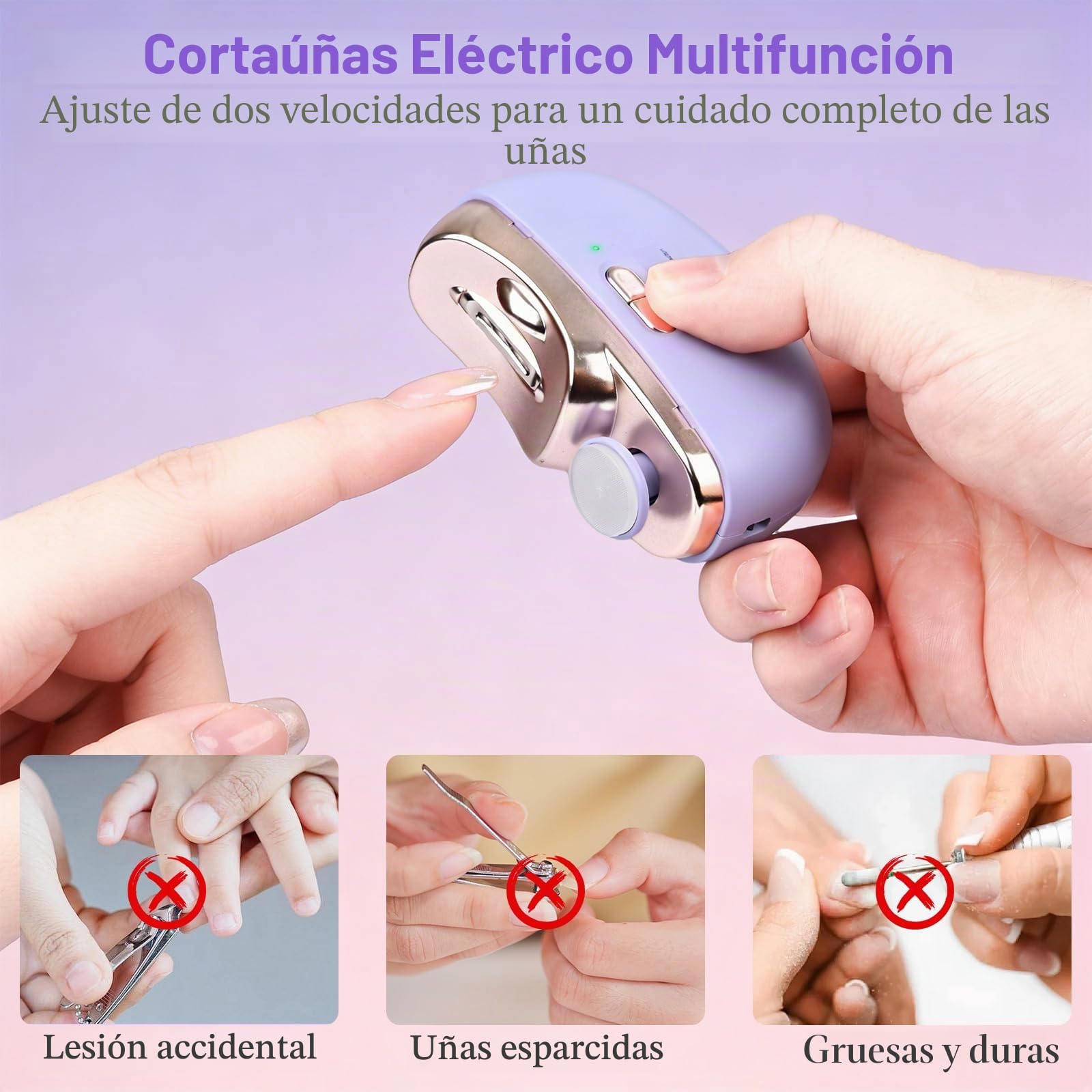 Cortauñas Electrico Pies y Manos 3-en-1 Corta Uñas Electrico Hombre 400mAh Recargable Cortador de Uñas Electricos Luz LED Función Cortar Lijar y Pulir 2 Velocidades para Bebé Niño Adulto