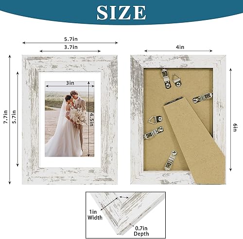 Miniatura 3 de Hongkee Juego de 2 portarretratos de 4 x 6, hechos de vidrio real y marco de madera blanca envejecida, para exhibir fotos de 3.5 x 5 con paspartú o