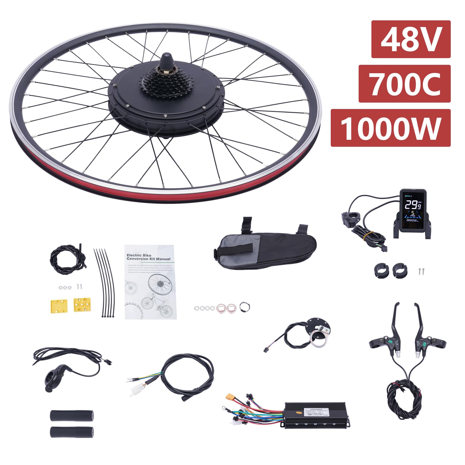 Kit de conversion de vélo électrique 28" (700 C) 1000 W 48 V - Kit de moteur pour vélo électrique avec écran LCD, capteur PAS, moteur sans balais, kit de conversion de moteur de vélo