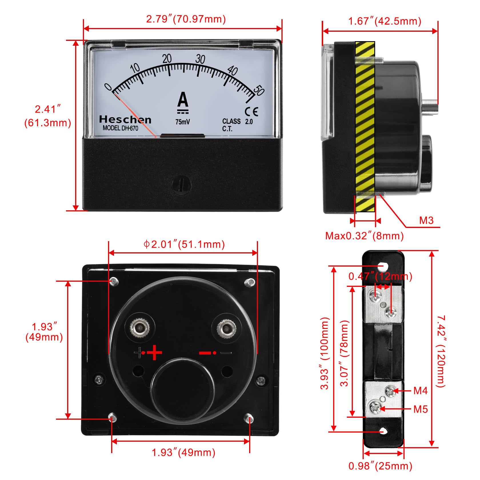 Heschen Amperometro Tester rettangolare da pannello DH-670 DC 0 – 50 di classe 2,0 con Shunt.