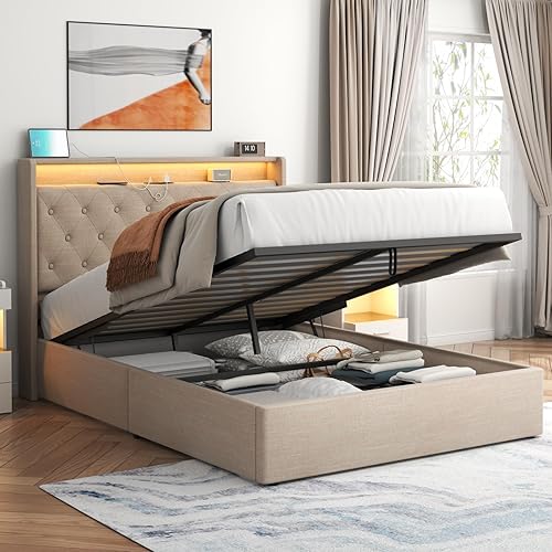 Miniatura 10 de Loomie Base de cama de elevación completa con estación de carga y luces LED, cama tapizada con cabecera de almacenamiento copetuda con botones,