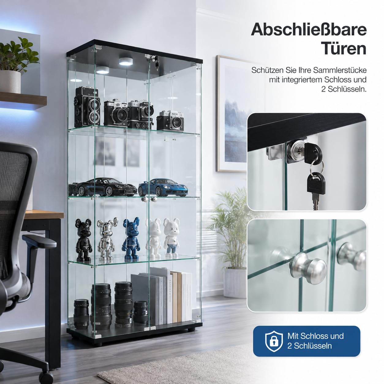 Vitrina de cristal con LED, vitrina de coleccionista de pie con 2 puertas de cristal con cerradura y 4 estantes, vitrina transparente, para salón, oficina, coleccionables, libros, vino (negro)