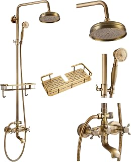 gotonovo Exposed Shower System with Shelf Antique Brass,2 Cross Handle