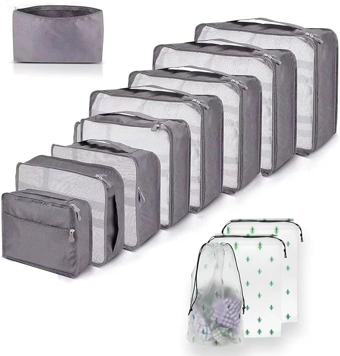 12 piece large packing cubes set in grey showing all different sizes laid out flat including shoe bag