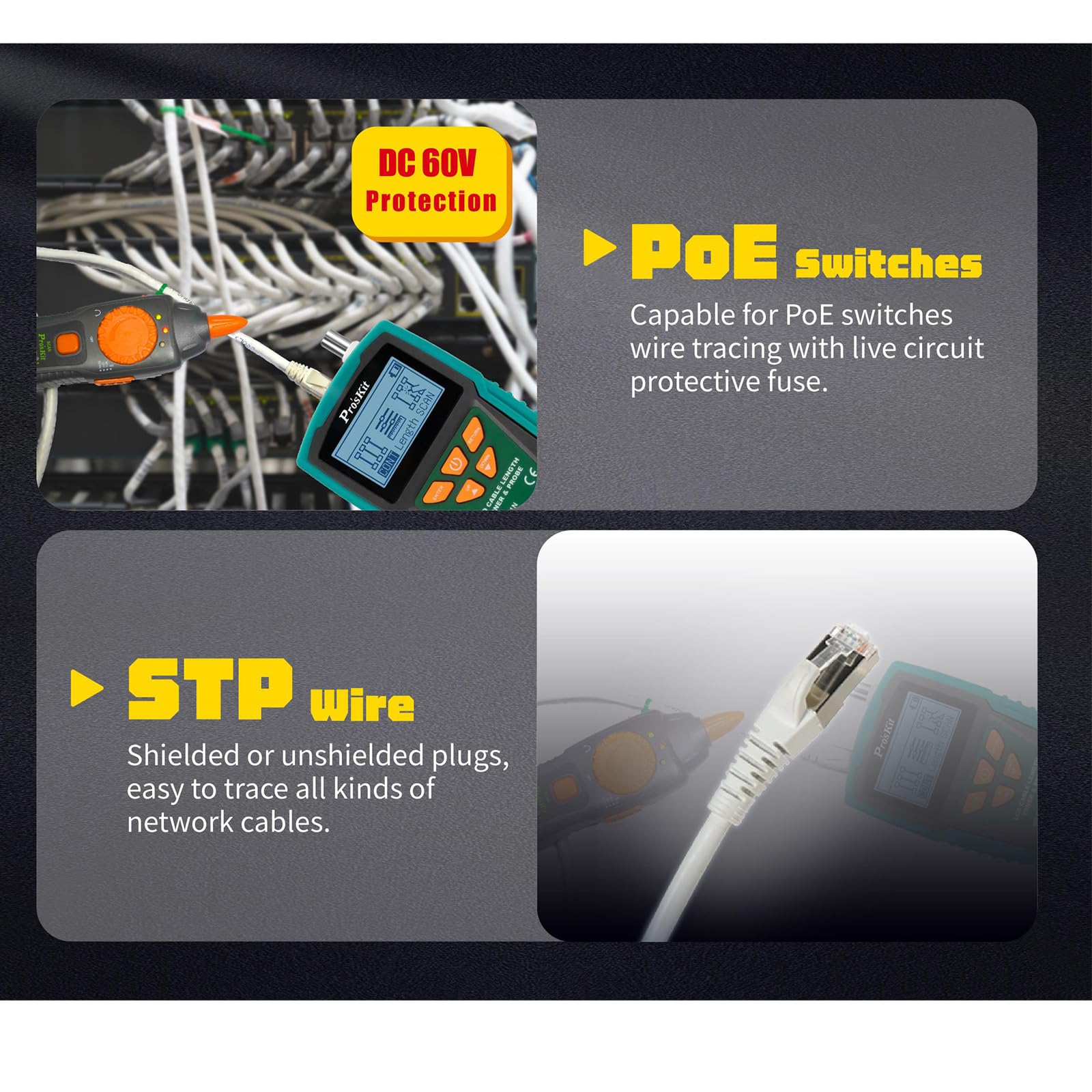 Pro'sKit Netzwerkkabel Tester MT-7071N, Netzwerk Kabel Tester- Cat5/6/7, Ethernet-Kabeltester, Netzwerktester Kabeltester Multifunktionaler LCD Wire Tracker