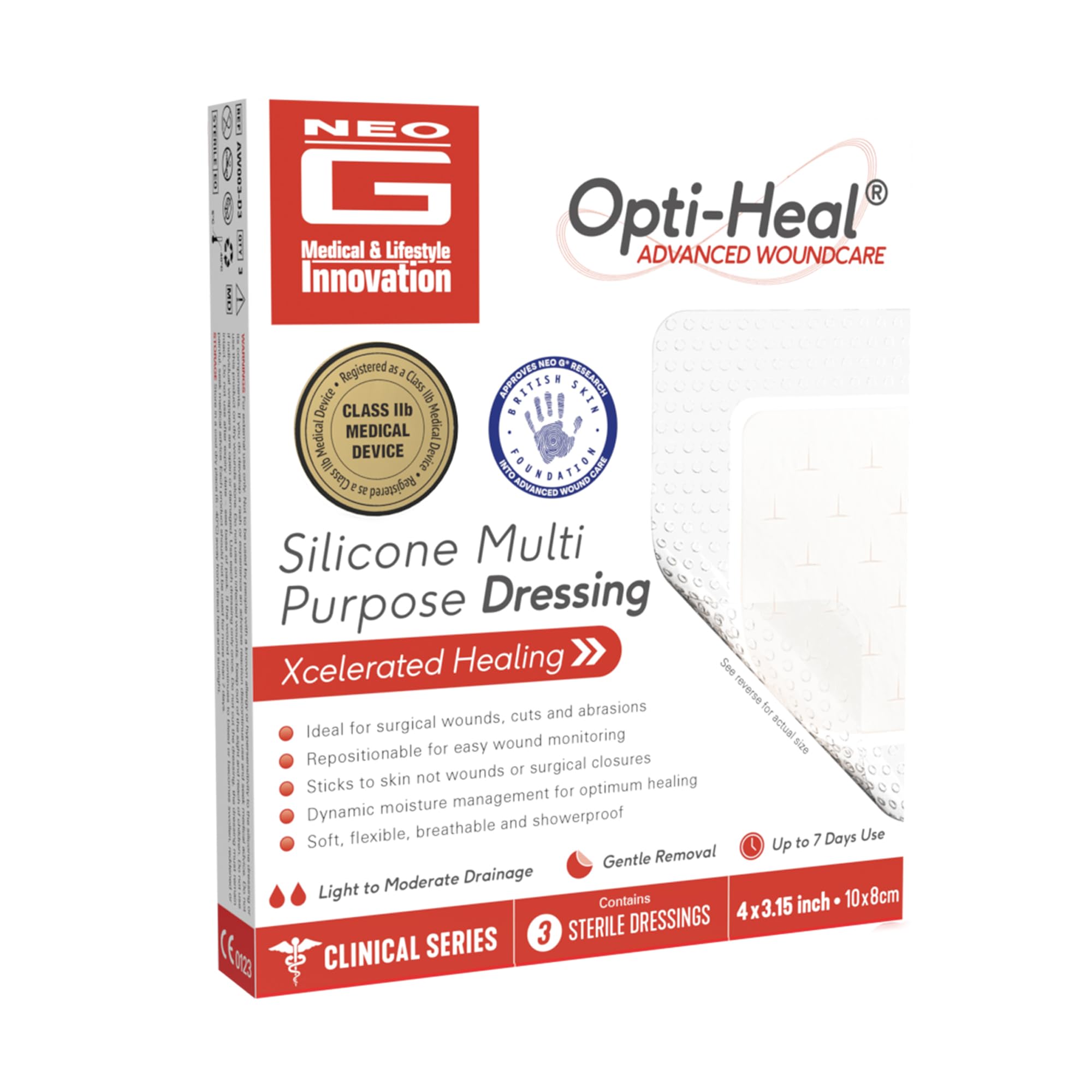 Silicone Multi Purpose Dressing - Neo G Large Sterile Wound Dressings Adhesive for Surgical Wounds, Cuts, Abrasions, Skin Tears - 10x8 cm 3 Pcs