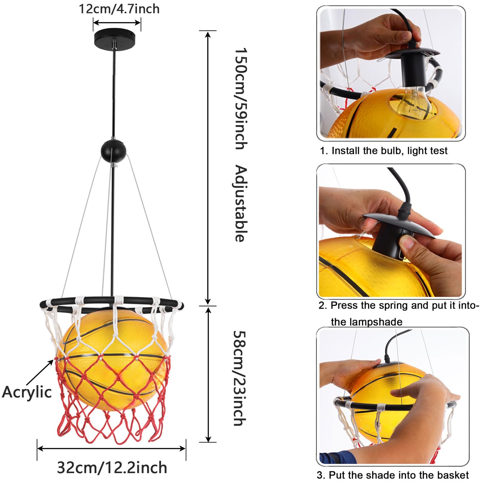 Lampadario Creativo a Tema Basket con Altezza Regolabile in Acrilico E27 Ideale per Cameretta Sala Giochi Bar Camera da Letto e Caffè
