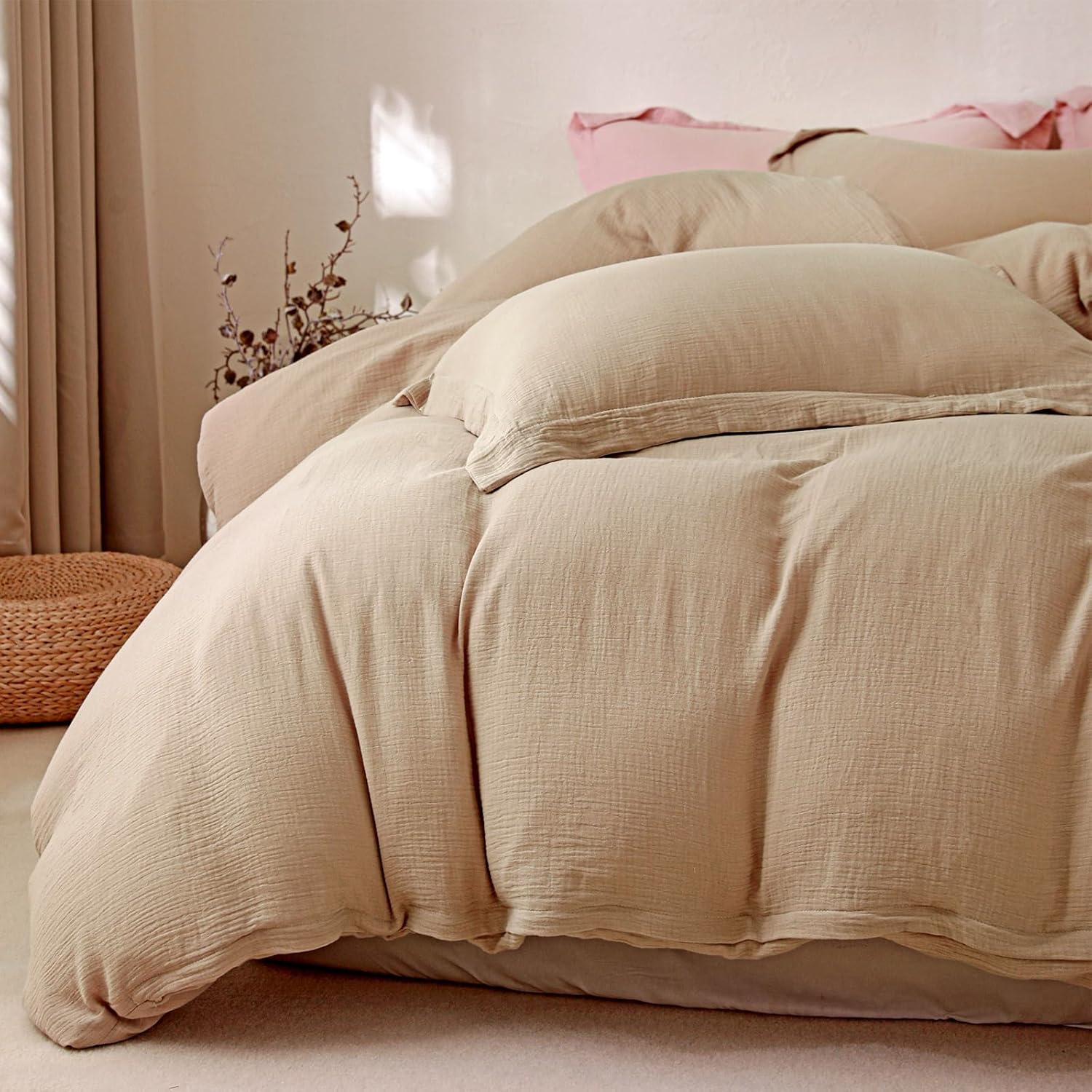 MorroMorn Muslin Duvet Cover California King Size, 100% Cotton Comforter Cover Set, Ultra Soft 3 Pieces 2-Layer Gauze Duvet Cover with 2 Pillowcases, Breathable Linen Like, 98"x104", Linen Beige