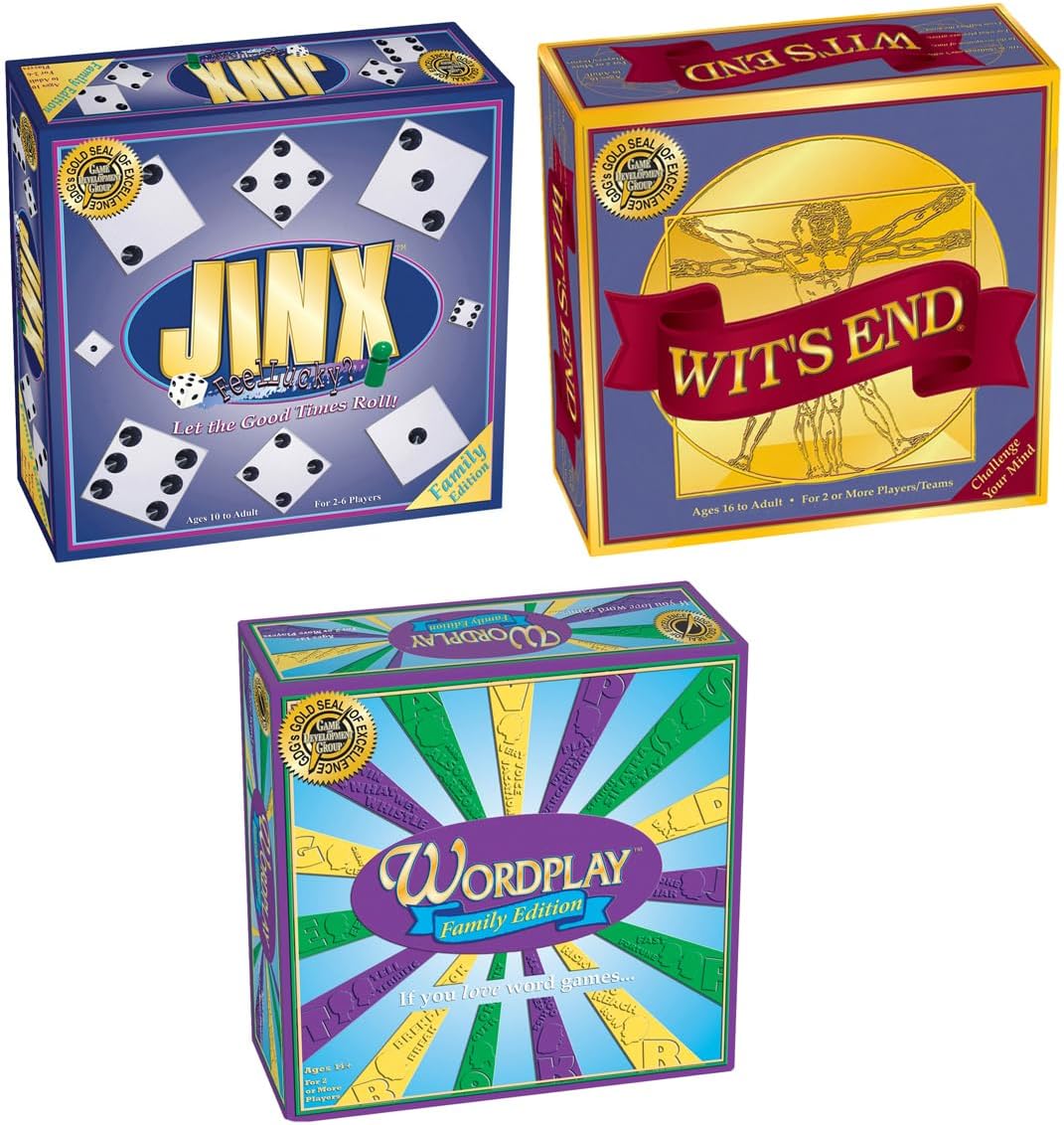 Jinx + Wit's End + Wordplay = Triple Play Family Board Game Bundle for Adults and Game Night