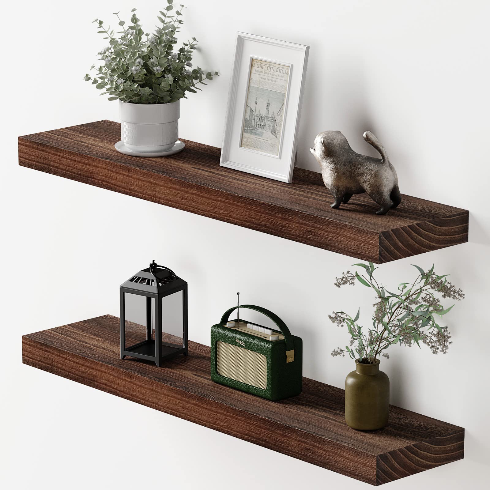 VERTORGAN Floating Shelves, Wood Wall Shelves, Rustic Wall Mounted Floating Shelf with Large Storage for Bedroom Living Room Bathroom Kitchen Office (Set of 2, Brown, 23.6 Inch )