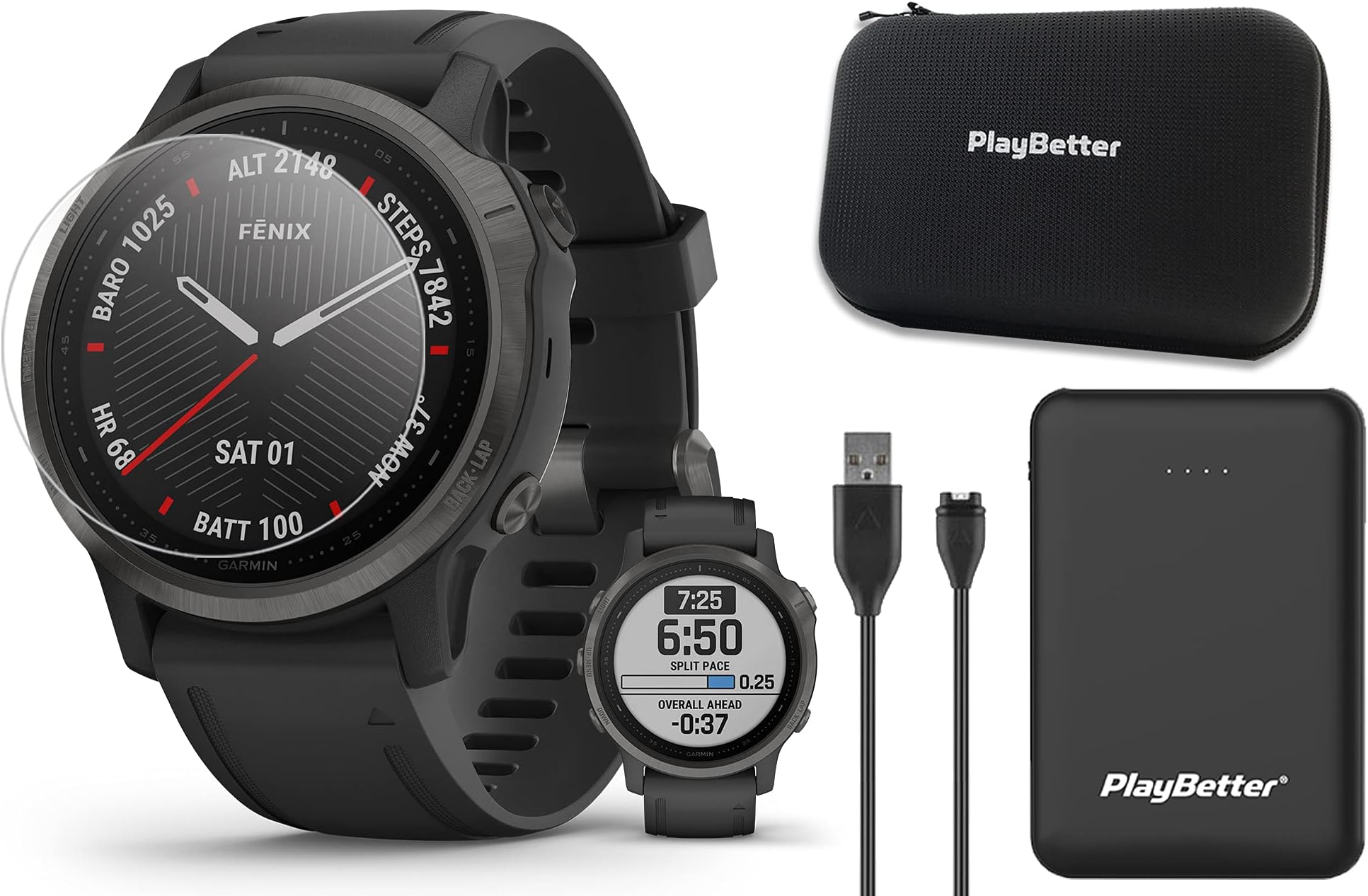 Garmin Fenix 6S Sapphire (Carbon Gray DLC/Black Band) Power Bundle | with PlayBetter Portable Charger, Screen Protectors & Hard Case | Smaller Multisport GPS Watch | HR, Sensors, Maps | 010-02159-24