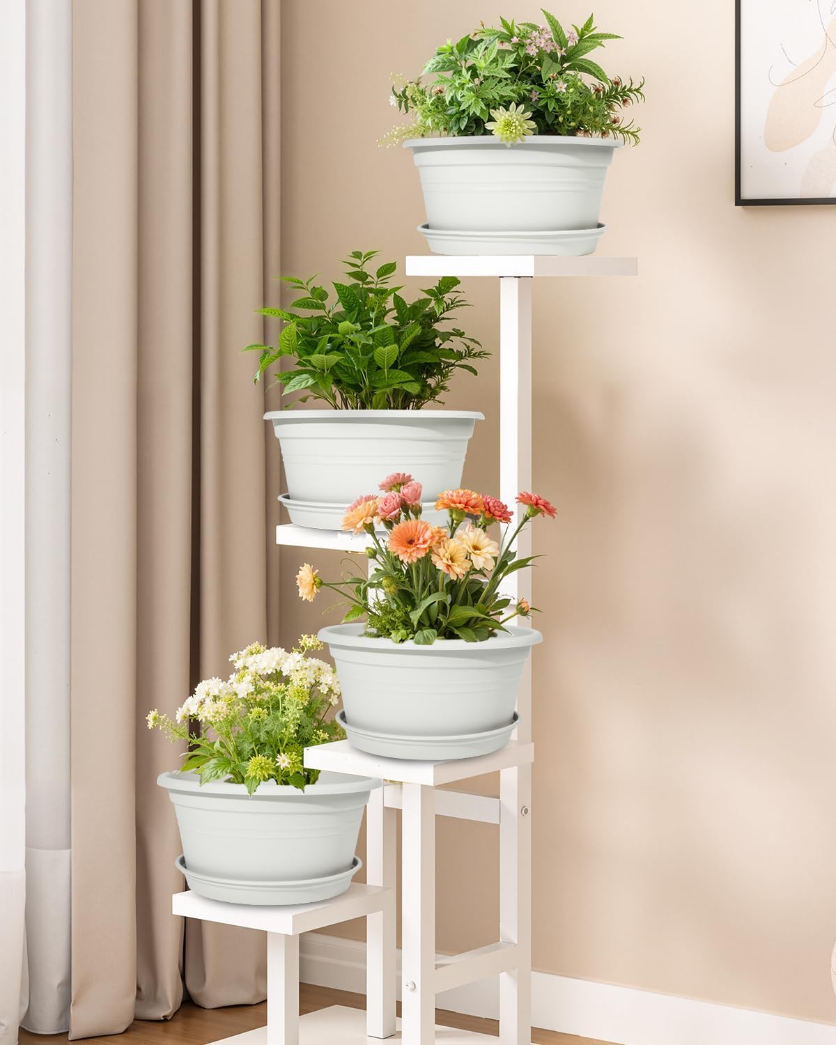 13 Inch Large Flower Pots 2-Pack, Beige Plastic Planters with Drainage Hole & Tray, Indoor Outdoor Modern Plant Pots for House Plants, Garden, Patio, Office Home Decor