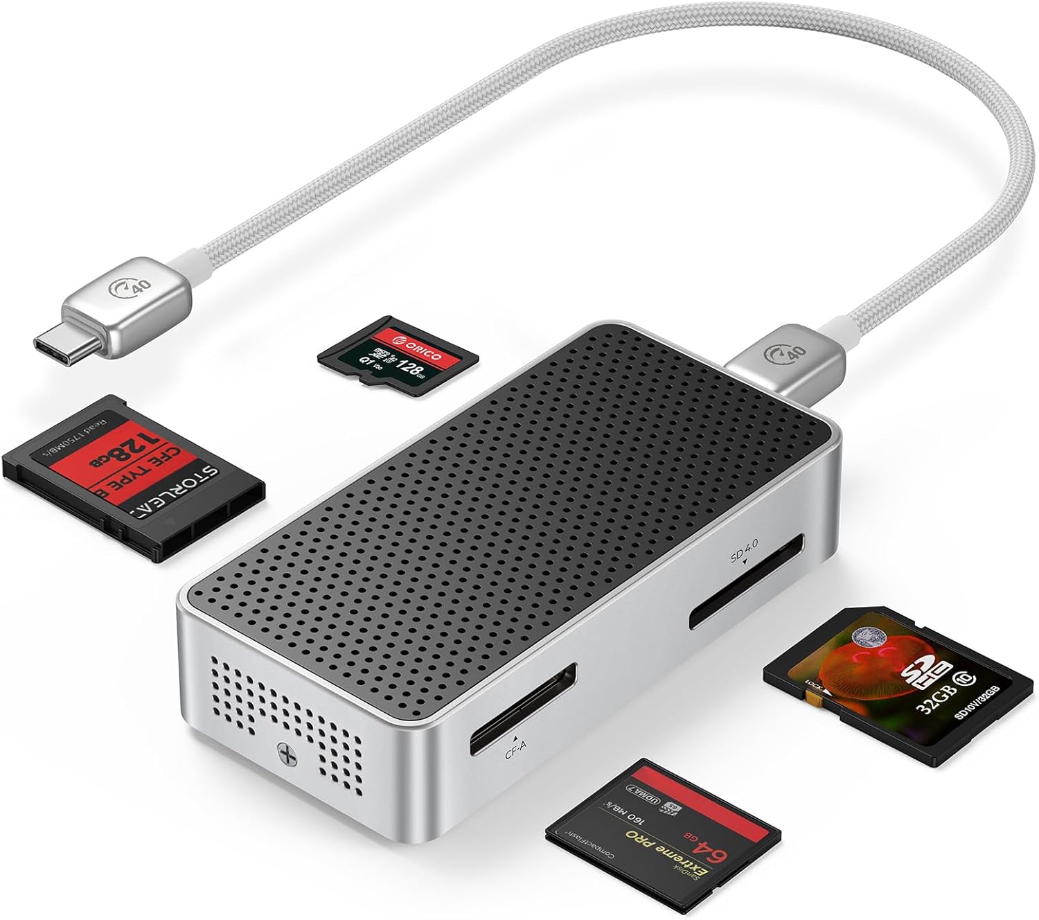 ORICO 40Gbps Memory Card Reader, 4-in-1 CFexpress Type B/A Reader, SD/TF Card Reader, Aluminum & Ice-Skin Cooling, Compatible with Sony/Canon/Nikon/Fuji Cameras (Only for Thunderbolt Interface) - M4DK