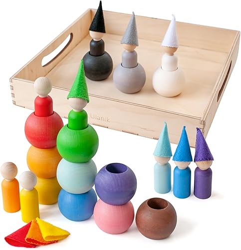 Ulanik Muñecas de clavijas en bolas con sombreros, juguetes Montessori para niños de 3 años + muñecas Waldorf de madera para aprender a clasificar y