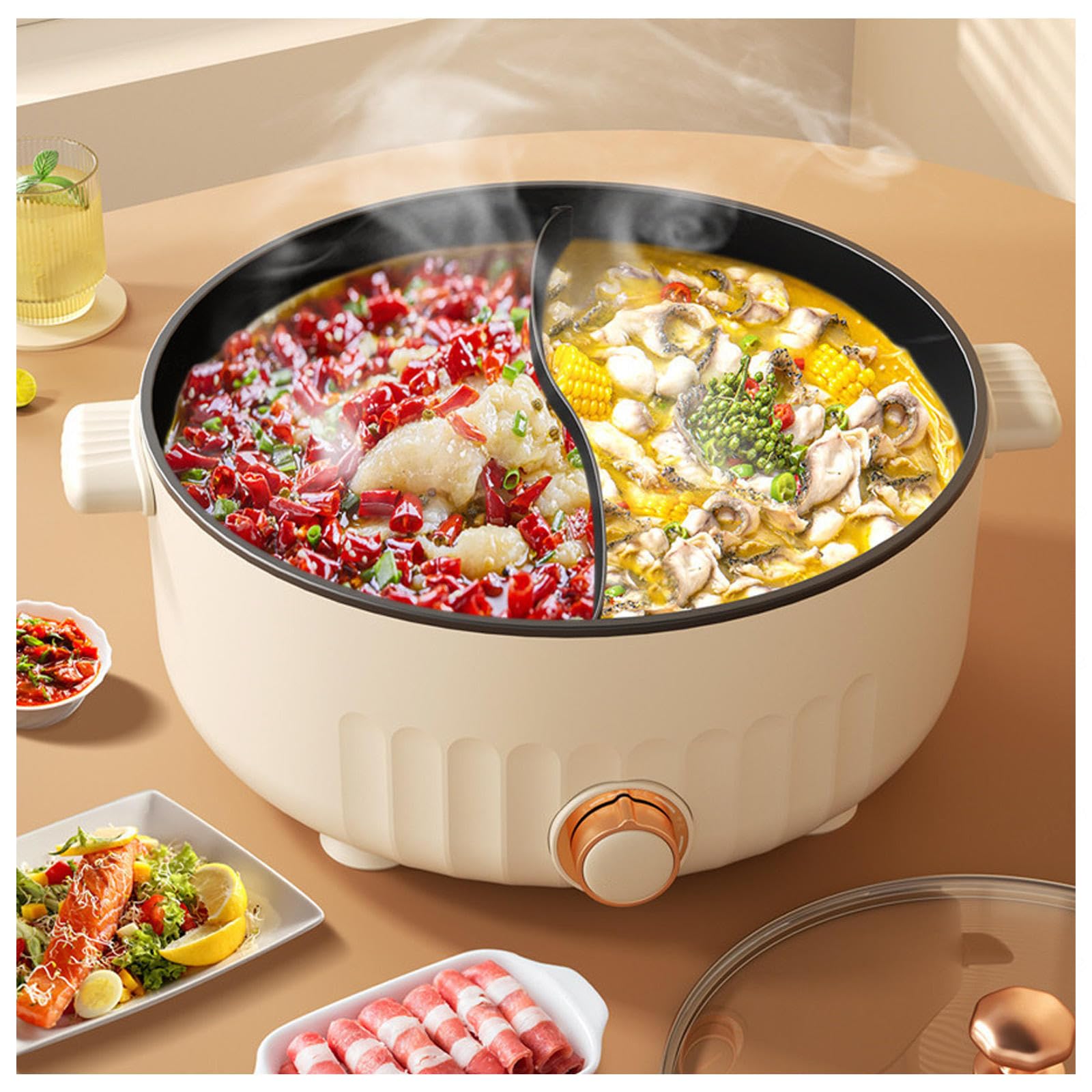 ARTSIM Fondue Chinoise Electrique, 1350 Watts Appareil Fondue Chinoise Electrique Convient Aux Petites FêTes (avec 2 Filets Non éTanches),White