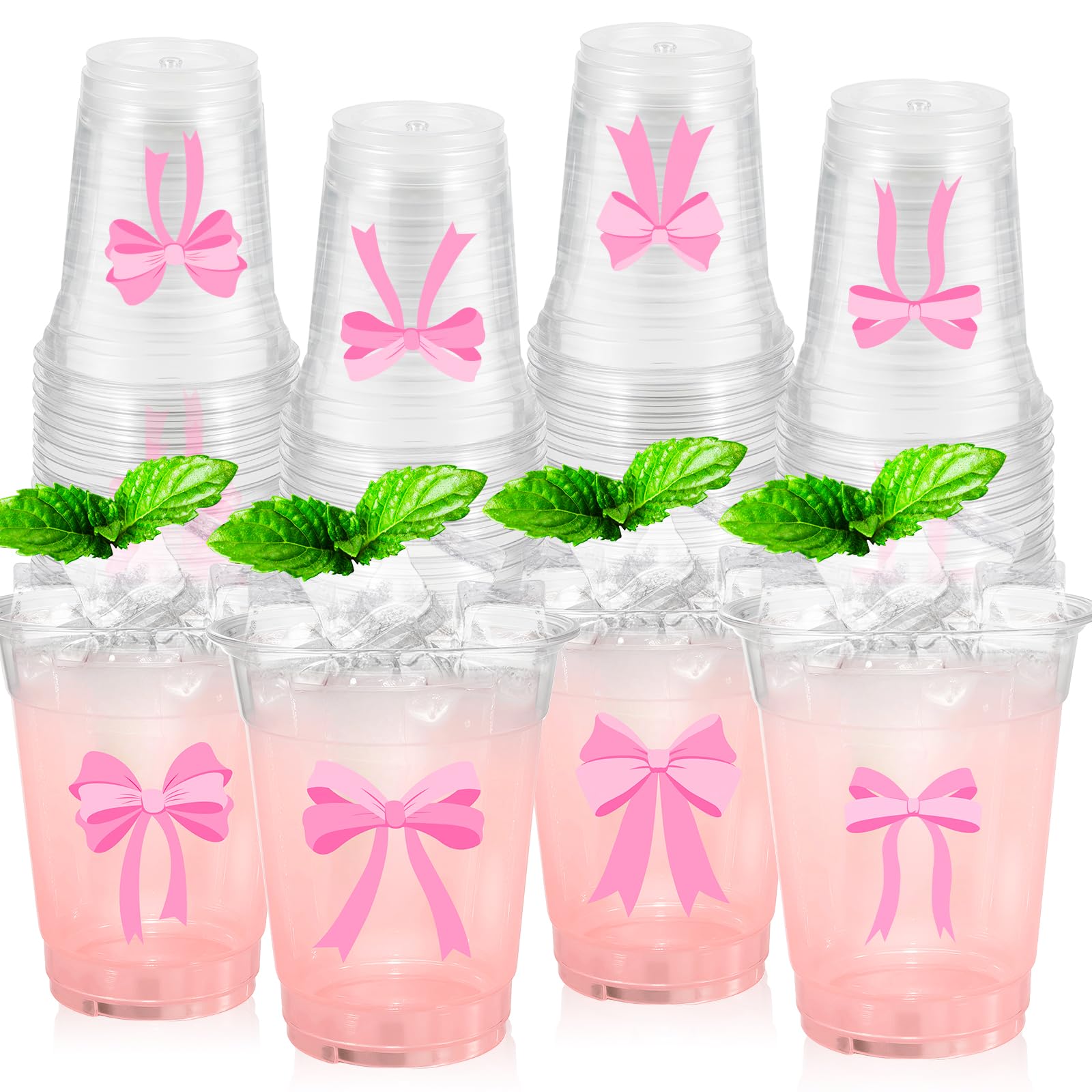 ABURRORI 50 Pcs 12OZ Pink Bow Plastic Cups, Disposable Lovely Coffee Cup Pink Bow knot Print Clear Plastic Cups Juice Soda Beverage Bachelorette Party