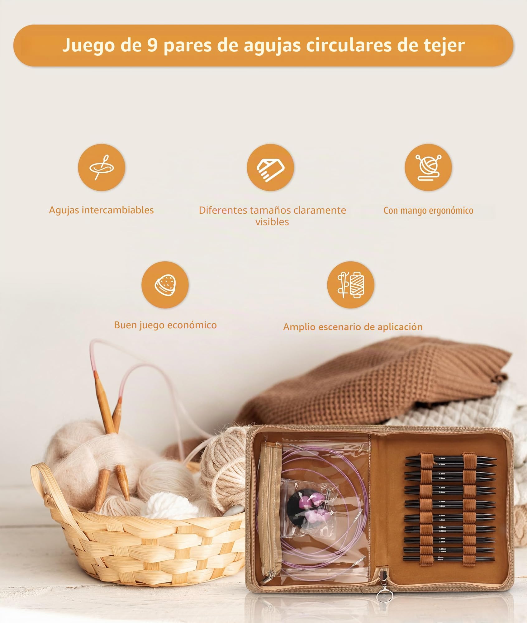 Gugxiom Juego de Agujas de Tejer Circulares Intercambiables, 9 Pares de Agujas de Tejer Circulares, Juego de Agujas de Tejer de Metal de 3 a 8 Mm con Asas Ergonómicas y Bolsa de