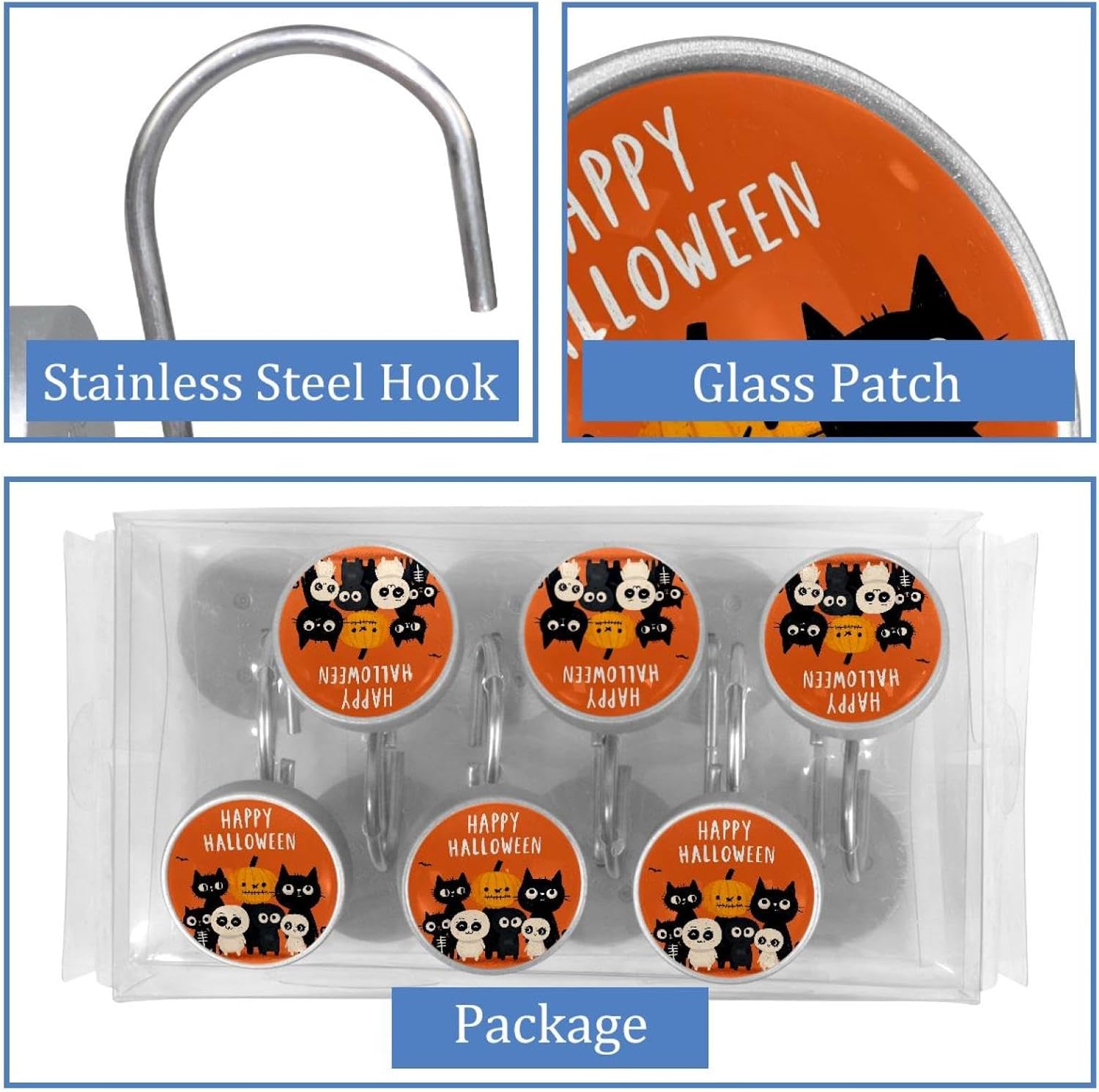 12 Pcs Round Shower Curtain Hooks Stainless Steel Decorative Hanger Rings for Bathroom Kitchen Bedroom Curtain Rods, Happy Halloween (2)