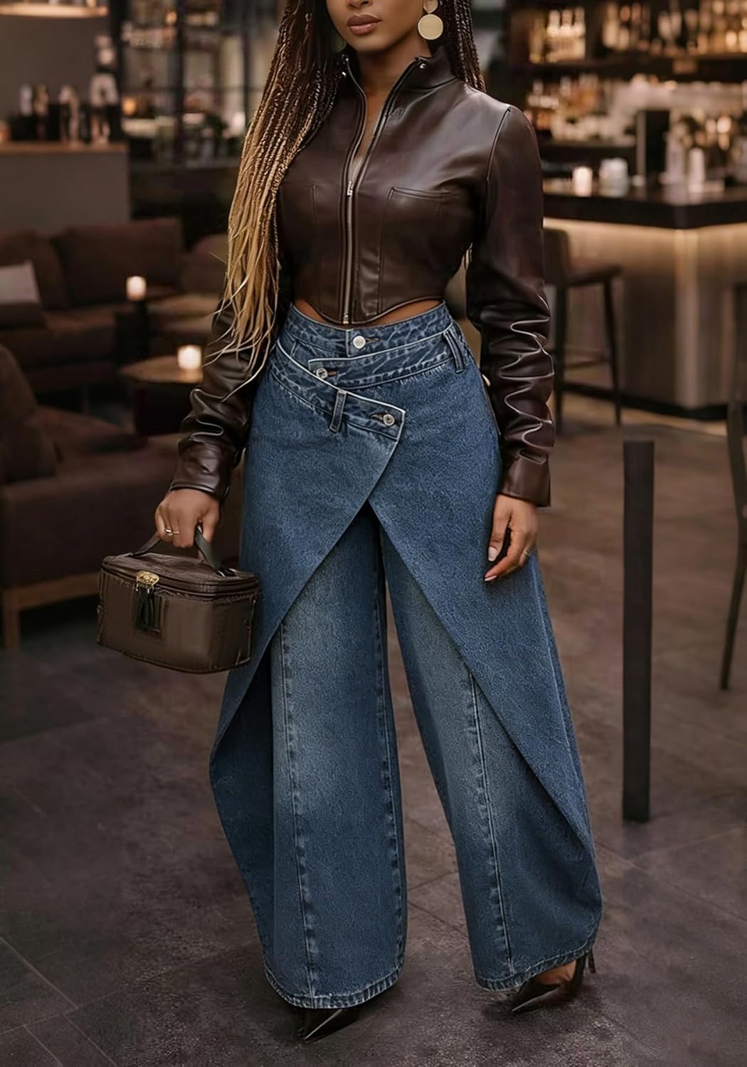 Voghtic Women's High Waisted Wrap Wide Leg Jeans - Asymmetrical Faux Wrap Denim Pants