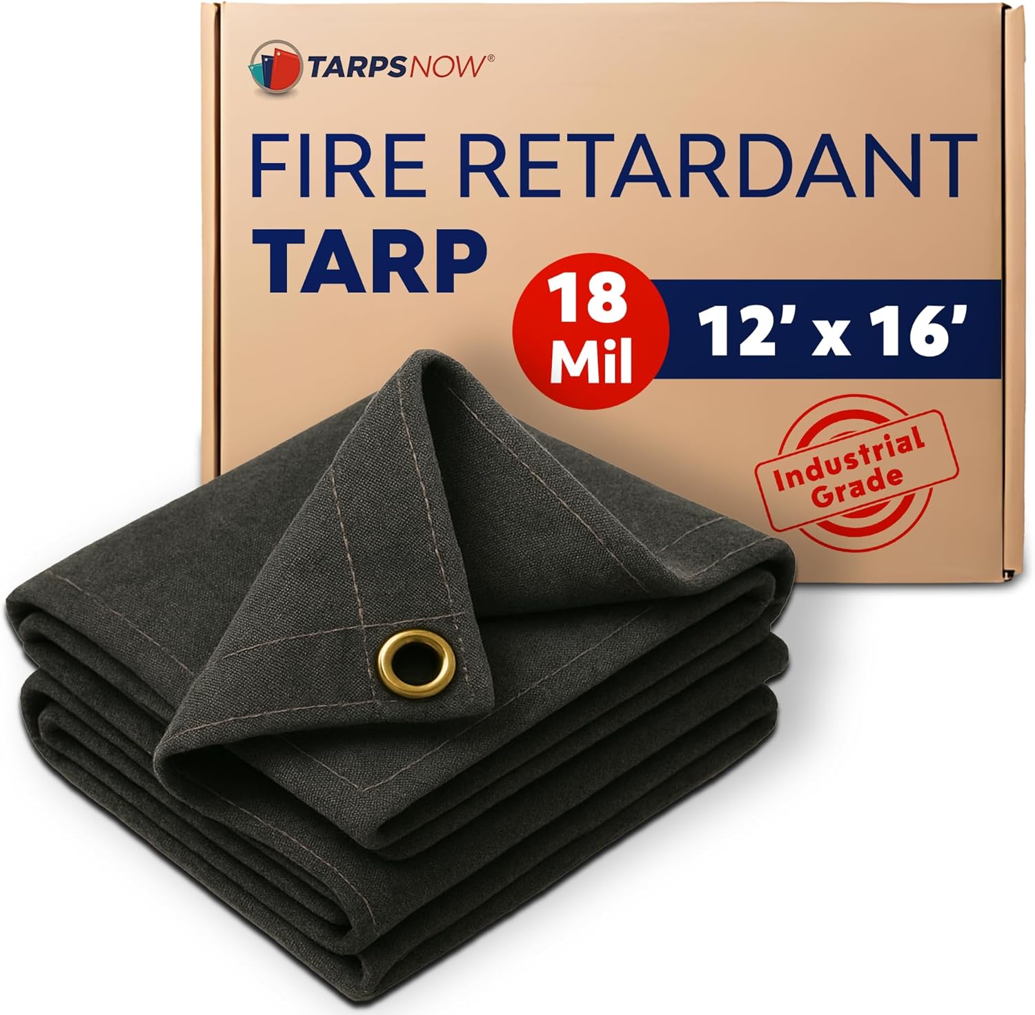 TarpsNow Fire Retardant Tarp - 12' x 16' - 18 MIL Heavy Duty Canvas Tarp - Flame & Tear Resistant w/Brass Grommets - Best for Safety, Outdoors, Camping, Boating, Welding, Woodpile, House, Fire Pit