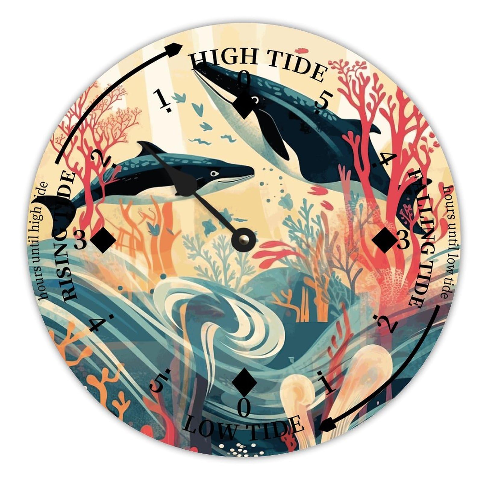 LUIJORGY Vintage Beach Time Tide Clock Whale Ocean Time Wooden Clock Wood Tidal Clock High And Low Tide Movement Clock for Beach Seaside House Cottage Hotel Camping 10 Inch