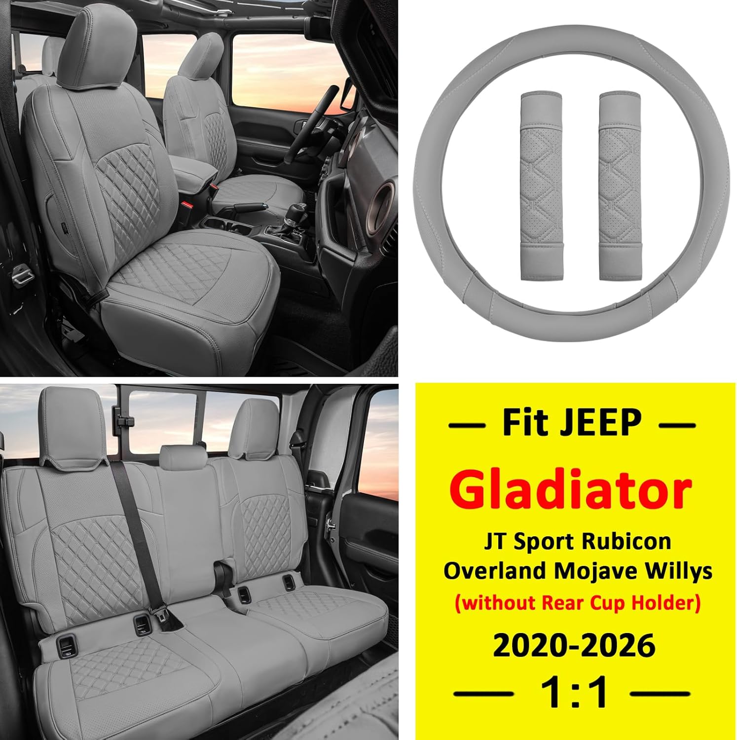 GIANT PANDA Customized Fit Gladiator Seat Covers for Jeep Gladiator JT Sport Rubicon Mojave Willys Freedom 2020 2021 2022 2023 2024 2025 2026 Without Rear Cup Holder,Full Set Faux Leather - (Grey)