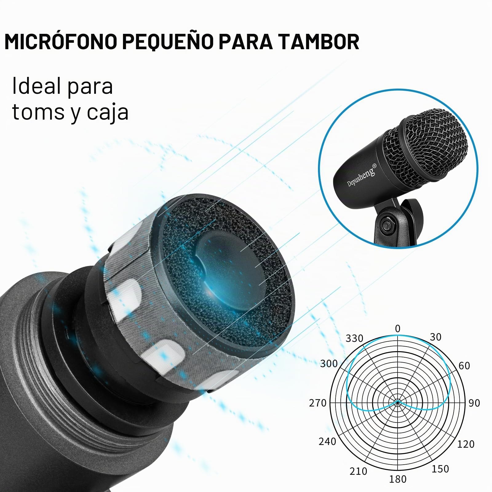 Depusheng Set de micrófono para batería de 5 piezas Con 3 micrófonos dinámicos de percusión y 2 micrófonos de condensador de percusión, Ideal para la grabación de instrumentos y la producción musical